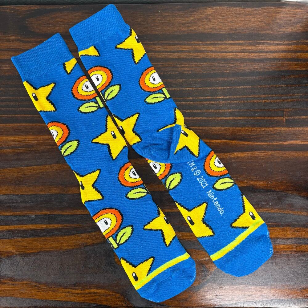 Nintendo Super Mario Blue Power Up Socks Star and Fire Flower Video Game
